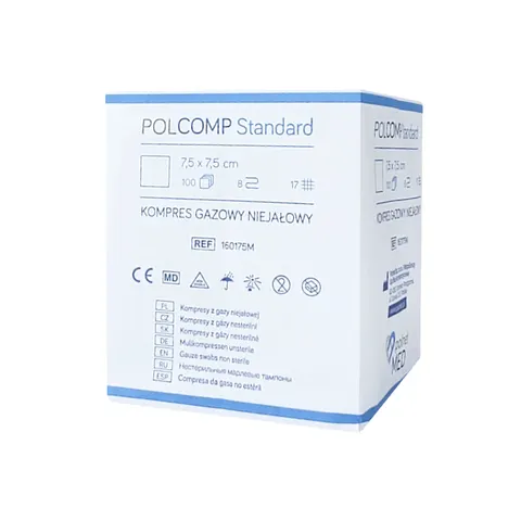 POLCOMP Standard Kompresy gazowe niejałowe 7,5x7,5 cm 100 szt. | REF: 160175M