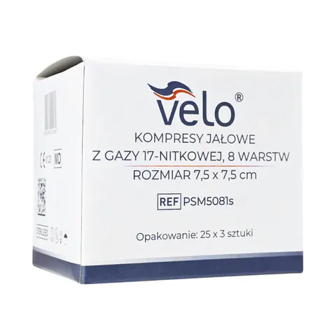 Velo Kompresy gazowe jałowe 7,5x7,5 cm A'3 17N 8W POLMIL - 25 blistrów | REF: PSM5081s