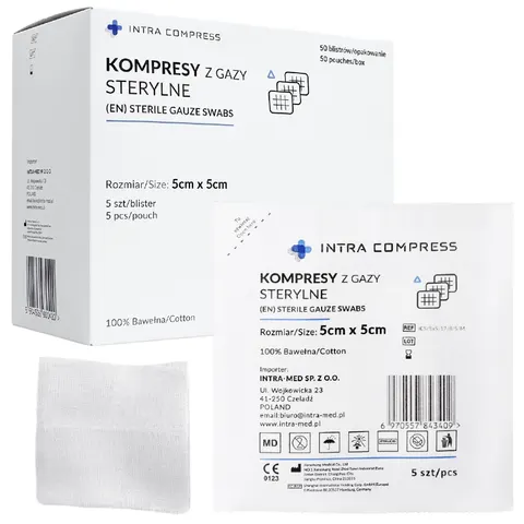 Kompresy gazowe jałowe 5x5 cm A'5 17N 8W INTRA COMPRESS - 50 blistrów