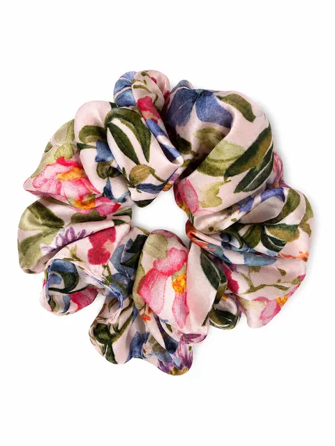 Gumka scrunchie z jedwabiem, FLORAL BLUE SPRING (średnia)