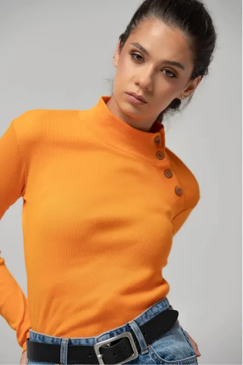 Prążkowany półgolf zapinany na boku na guziki, ORANGE