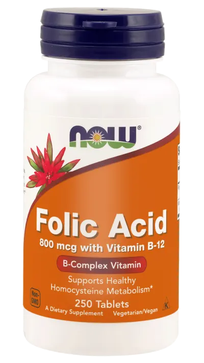 NOW FOODS Folic Acid - Kwas foliowy 800 mcg + Witamina B12 25 mcg (250 tabl.)