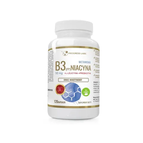 Progress Labs Niacyna Witamina B3 (PP) 50mg Kwas Nikotynowy+ Inulina (120 kap)