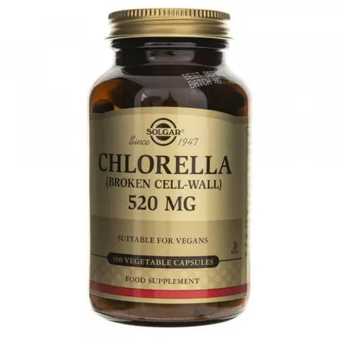 SOLGAR Chlorella 520 mg, Wsparcie układu pokarmowego, zmniejszenie uczucia zmęczenia 100 kapsułek