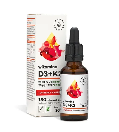 Witamina D3 D-3 2000IU + K-2 K2MK7 + ekstrakt z kurkumy NovaSOL krople 30ml AURA HERBALS