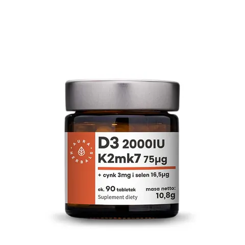 Aura Herbals Witamina D3 (2000IU) + K2mk7 + Cynk + Selen ( 90 tab)