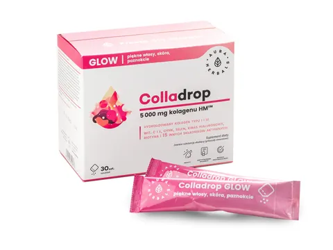 Colladrop Glow Hydrolizowany Kolagen morski 5000 mg typu I i III - piękne włosy,skóra i paznokcie AURA HERBALS (30 saszetek)