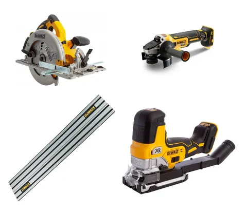 Zestaw 18V DCS335N + DCG405N + DCS572N + szyna 1,5m DEWALT