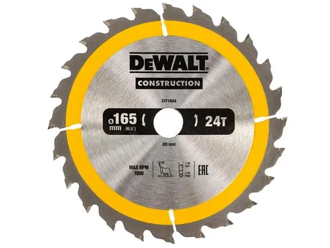 Piła tarczowa do drewna 165 × 20mm 24Z DT1934 DEWALT