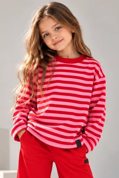Longsleeve dziewczęcy czerwono-różowy w paski All for Kids