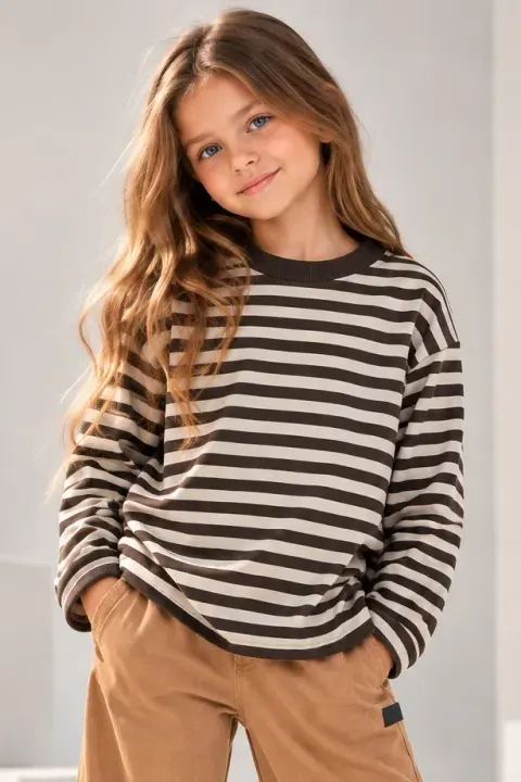Longsleeve dziewczęcy brązowo-beżowy w paski All for Kids