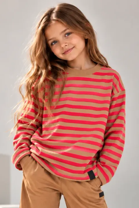 Longsleeve dziewczęcy karmelowo-czerwony w paski All for Kids