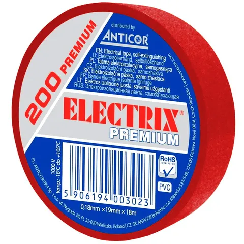 Taśma izolacyjna ELECTRIX 200 PREMIUM 19x18 czerwony odporna na temp.-18 stopni C