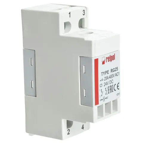Przekaźnik elektromagnetyczny, przemysłowy - małogabarytowy, montaż na szynie 35mm, napięcie zasilania Un=230VAC, wymiary: 75,5x26x53,5mm, materiał styków: AgSnO2, IP20; RG25-3022-28-3230; RELPOL