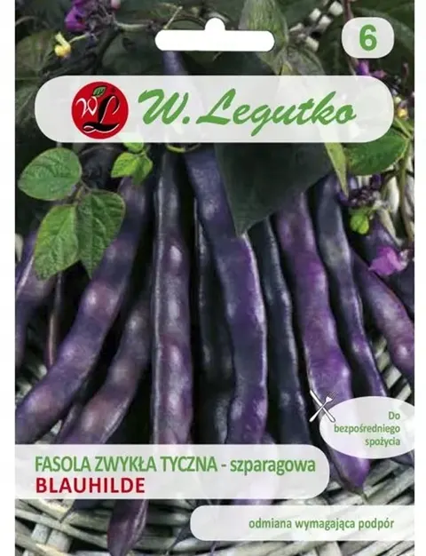 Fasola szparagowa tyczna Blauhilde 10g LEGUTKO barwa strąków fioletowo-niebieska, po ugotowaniu zielone, strąki długie, bezwłókniste
