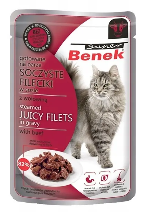 Super Benek Fileciki z sosie z wołowiną 85g mokra karma dla kota, delikatne mięso i wysoka smakowitość, soczysta, aromatyczna i odżywcza