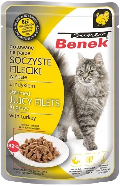 Super Benek Fileciki z sosie z indykiem 85g mokra karma dla kota, delikatne mięso i wysoka smakowitość, soczysta, aromatyczna i odżywcza