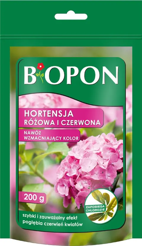 Nawóz do hortensji barwiący różowa i czerwona 200g BIOPON szybki i zauważalny efekt, pogłębia czerwień kwiatów