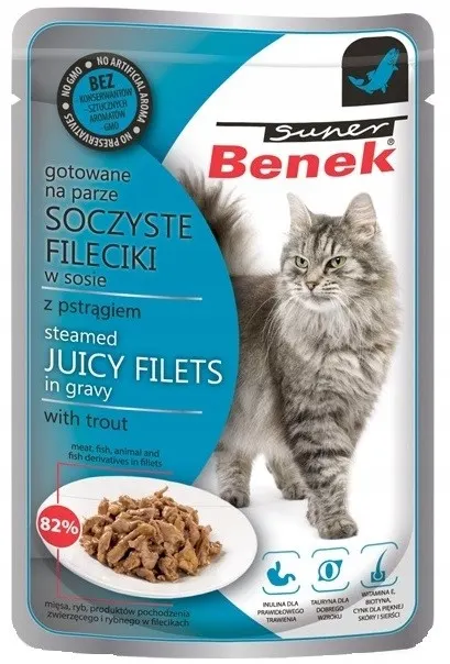 Super Benek Fileciki z sosie z pstrągiem 85g mokra karma dla kota, delikatne mięso i wysoka smakowitość, soczysta, aromatyczna i odżywcza