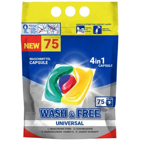 WASH&FREE Kapsułki do prania UNIWERSALNE 4w1, 75 szt