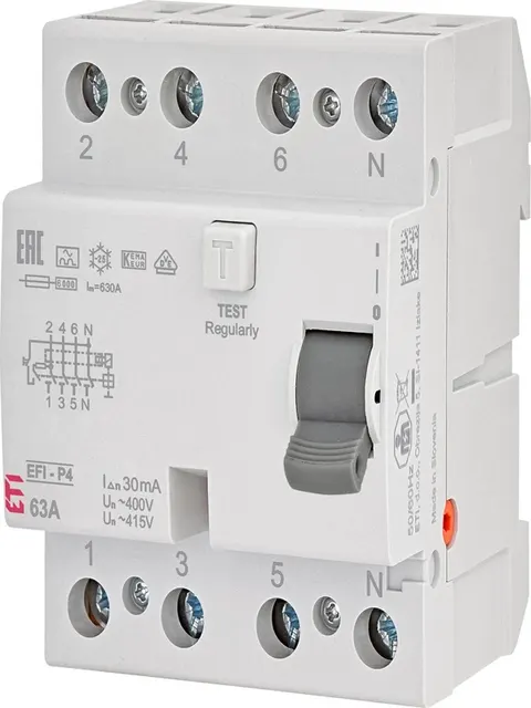 Wyłącznik różnicowoprądowy 4P 63A 30mA typ A 6kA, EFI6-P4 A 63/0.03; 002061663, ETI POLAM