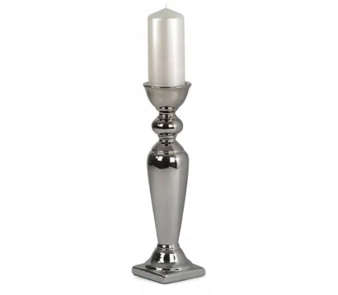Świecznik Ceramiczny Srebrny Duży - (wys. x szer.) 38 x 9,5 cm