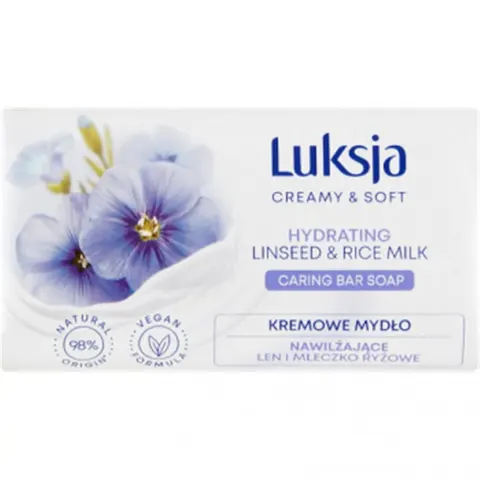 LUKSJA CREAMY & SOFT Kremowe mydło w kostce LEN I MLECZKO RYŻOWE, 90 g