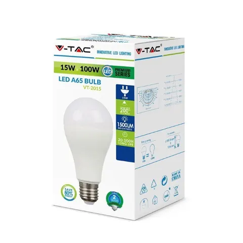 Żarówka LED E27 A65 15W 1350lm, barwa: neutralna biel 4000K, IP20; V-TAC