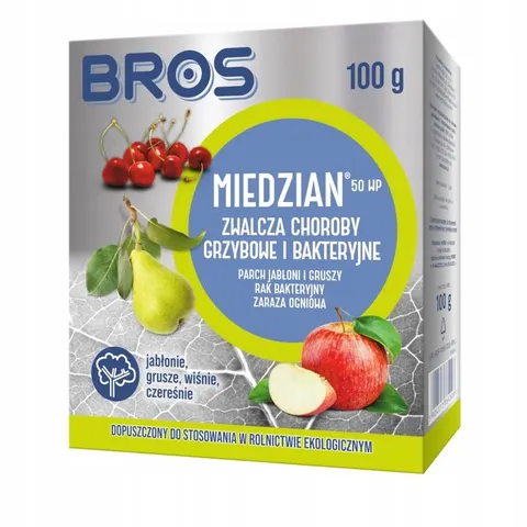 Miedzian 50WP 100g BROS zwalcza choroby grzybowe i bakteryjne, parch jabłoni i gruszy, rak bakteryjny, zaraza ogniowa