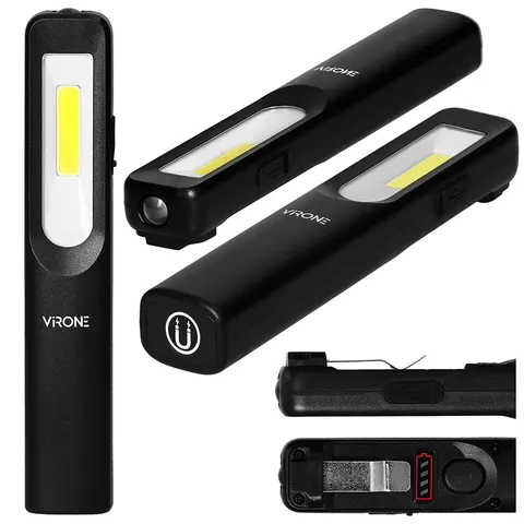 Latarka warsztatowa LED 3W 200lm + 50lm, 1200mAh, 3 tryby: 100%, 50%, dioda frontowa, magnes, klips
