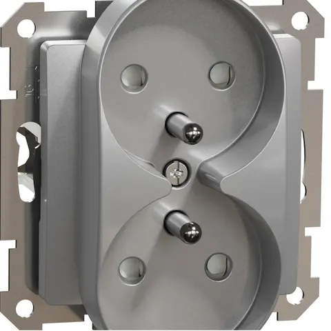 Sedna Design Gniazdo 2x2P+PE z przesłonami, srebrne aluminium