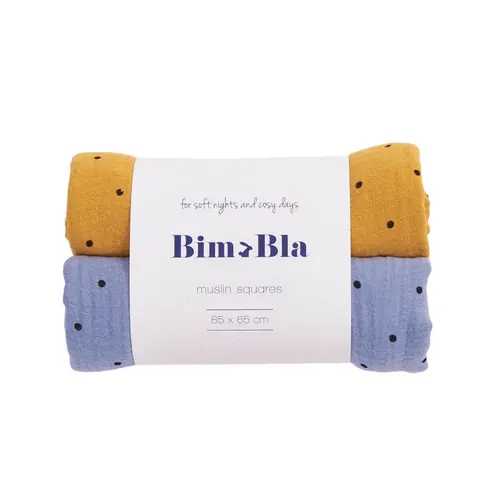 Zestaw dwóch pieluszek muślinowych w kropeczki niebiesko-musztardowy / Bim Bla