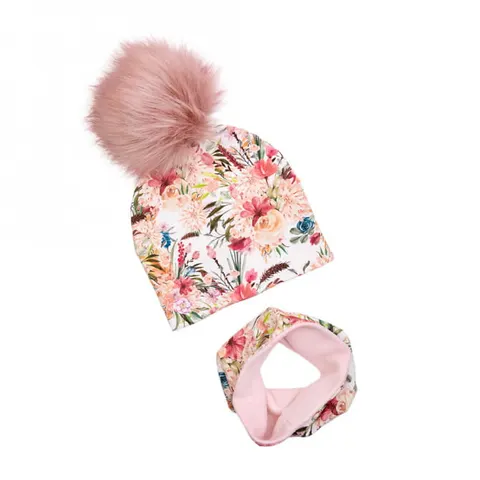 Zimowy komplet ocieplany BOHO KWIATY z pomponem 3-6m / UL&KA