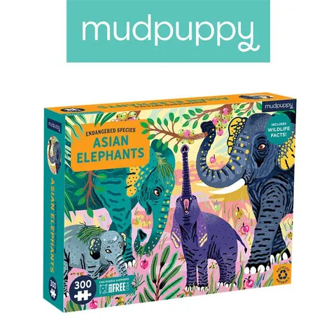 Puzzle edukacyjne Zagrożone gatunki - Słonie azjatyckie 300 elementów 7+ / Mudpuppy