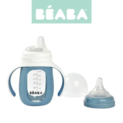 Szklana butelka treningowa w silikonowej osłonce 2w1 210 ml Windy blue /Beaba