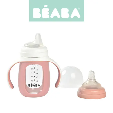 Szklana butelka treningowa w silikonowej osłonce 2w1 210 ml Old pink /Beaba