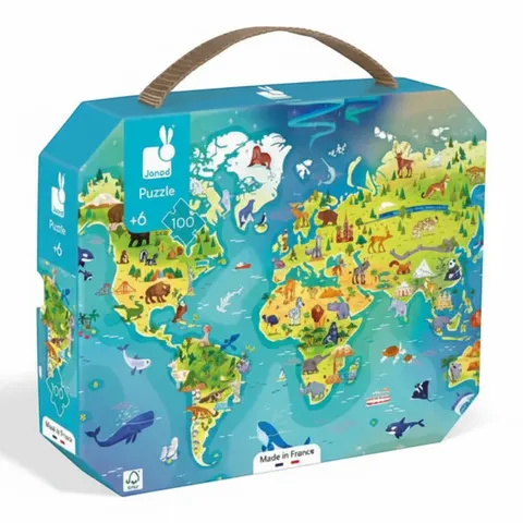 Puzzle w walizce Mapa świata 100 elementów 6+ / Janod J02607