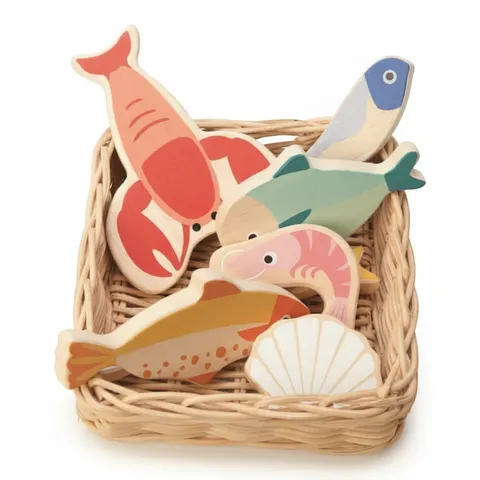 Wiklinowy koszyk z rybami i owocami morza, Tender Leaf Toys