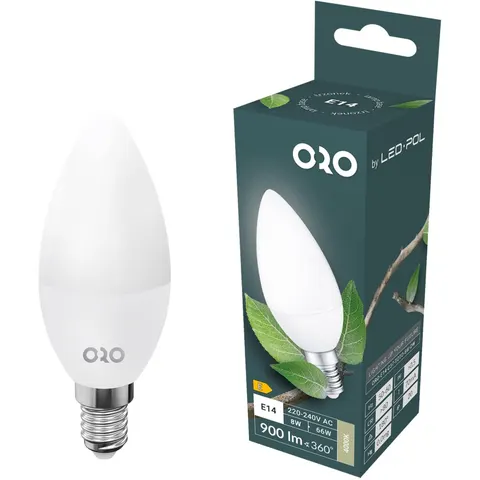 Żarówka LED E14 C37 8W 900lm 230VAC 3000K ciepła biel 200°, klasa energetyczna E