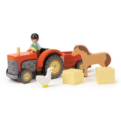 Drewniany traktor z przyczepą i akcesoriami, Tender Leaf Toys