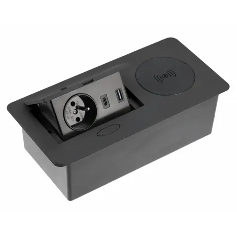 Gniazdo wpuszczane w biurko AVARO PLUS,1x gniazdo 230V, USB A+C, ładowarka indukcyjna 5W, przewód 1,5m, czarny; AE-PB1FAVAP-20, GTV