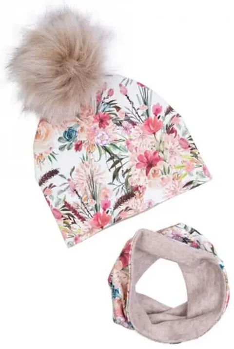 Zimowy komplet ocieplany BOHO FLOWERS z pomponem 6-12 msc / UL&KA