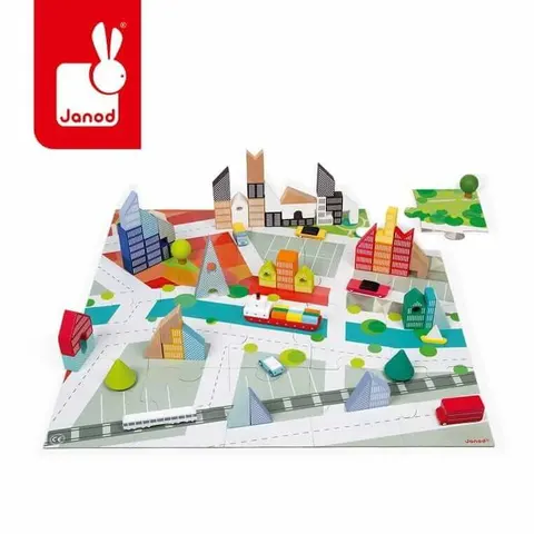 USZKODZONE OPAKOWANIE: Drewniane klocki z puzzlami Kubix Miasto 60 elementów 3+ / Janod