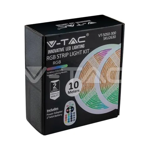 Zestaw Taśma LED z zasilaczem i sterownikiem 500lm, barwa RGB, wtyczka EU, IP20, rolki 2x5m; VT-5050 V-TAC