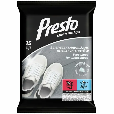 PRESTO CLEAN Ściereczki nawilżane DO BIAŁYCH BUTÓW, 15 szt