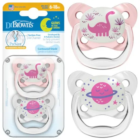 Smoczki ortodontyczne Prevent 2-pack, świecący w ciemności różowy / Dr Brown's