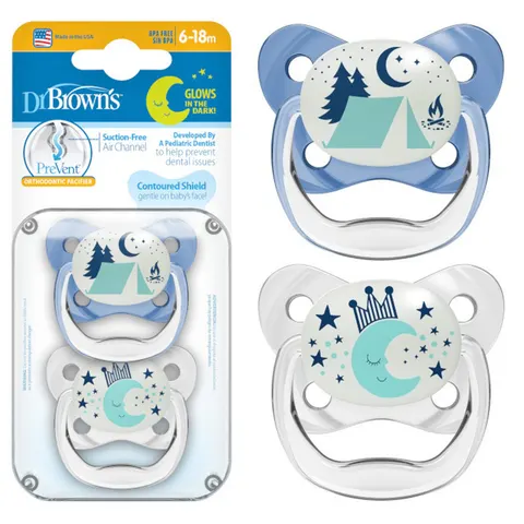 Smoczki ortodontyczne Prevent 2-pack, świecący w ciemności niebieski / Dr Brown's