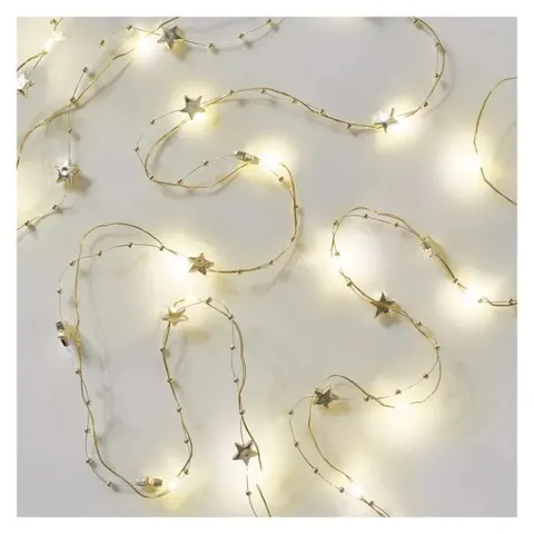 Lampki choinkowe gwiazdki 20 LED ciepła biel, złoty przewód, IP20, timer