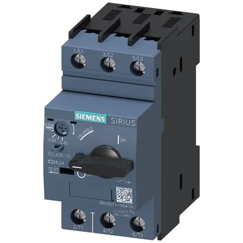 Wyłącznik silnikowy 3P 0,18kW 0,45-0,63A, wyzwalacz zwarciowy 8,2A, zaciski śrubowe, wielkość S00 CLASS 10; 3RV2011-0GA10 SIEMENS