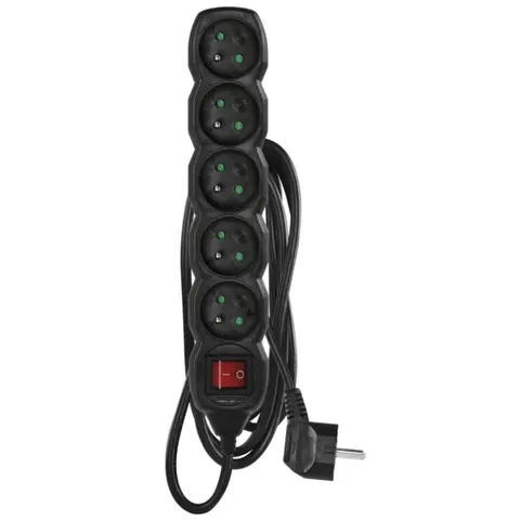 Przedłużacz 2 m / 5 gniazd / z wyłącznikiem / czarny / PVC / 1 mm2